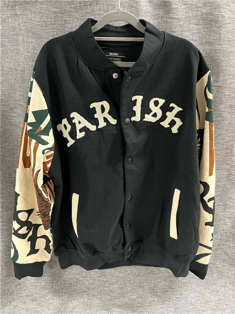 Parish Black Bomber Jacket with Cream Graphic Sleeves